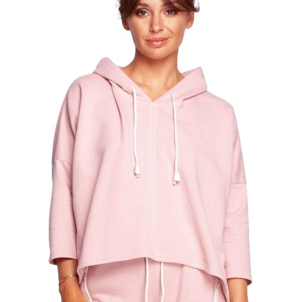 B239 Bluza o luźnym kroju z kapturem - pudrowa