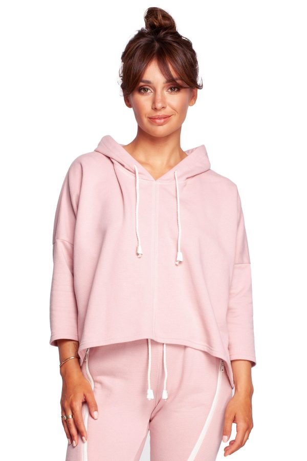 B239 Bluza o luźnym kroju z kapturem - pudrowa