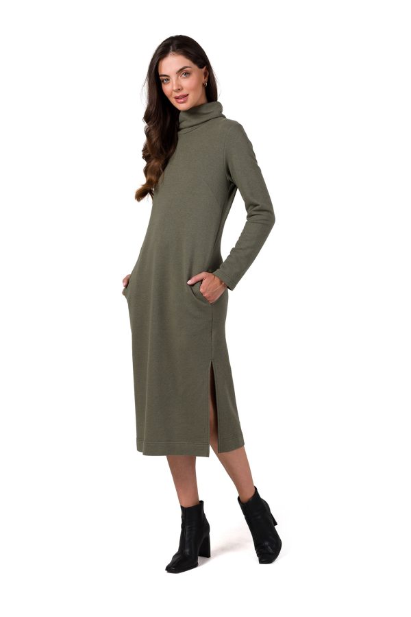 B274 Sukienka z półgolfem - khaki