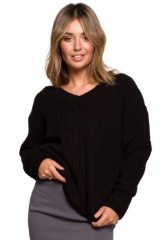 BK075 Sweter z dekoltem w serek - czarny