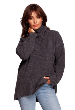 BK086 Sweter z golfem i rozcięciem z tyłu - grafitowy z wełną ❤