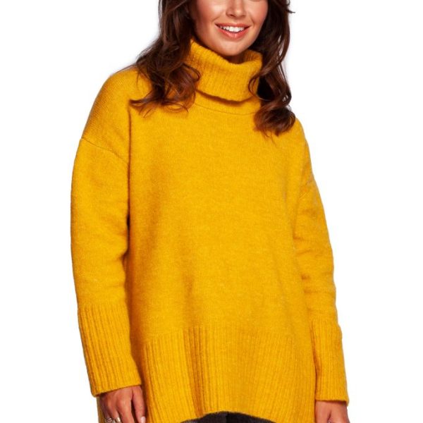 BK086 Sweter z golfem i rozcięciem z tyłu - miodowy z wełną ❤