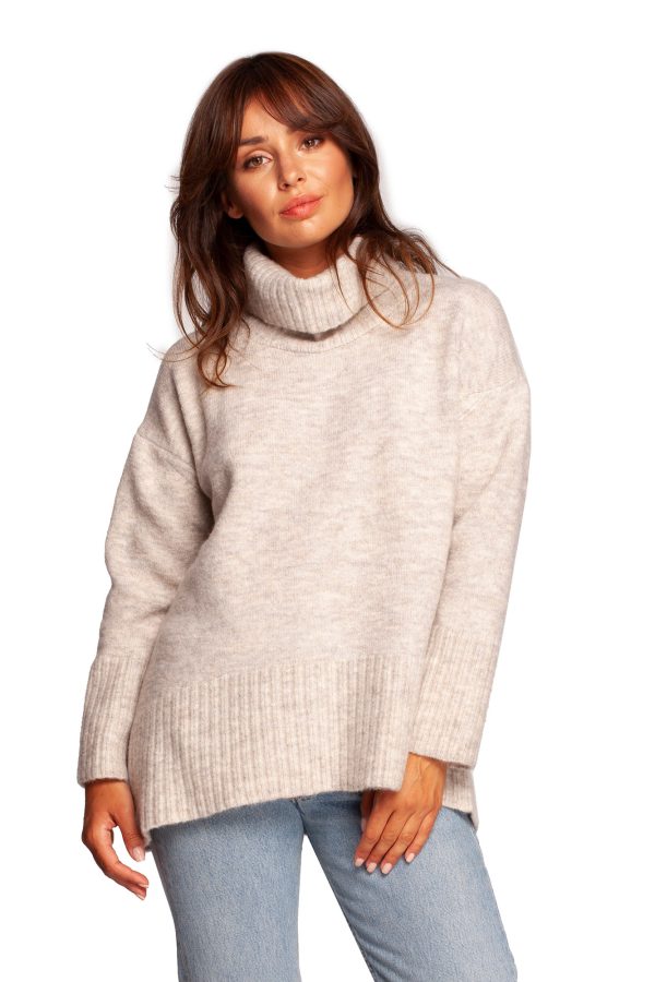 BK086 Sweter z golfem i rozcięciem z tyłu - kość słoniowa z wełną ❤