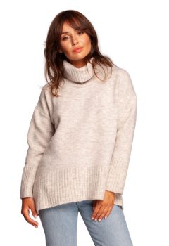 BK086 Sweter z golfem i rozcięciem z tyłu - kość słoniowa z wełną ❤