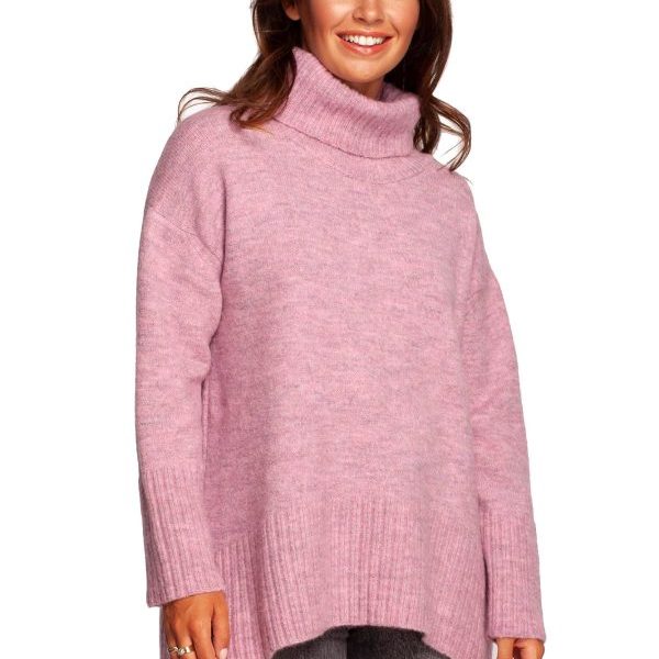 BK086 Sweter z golfem i rozcięciem z tyłu - pudrowy z wełną ❤