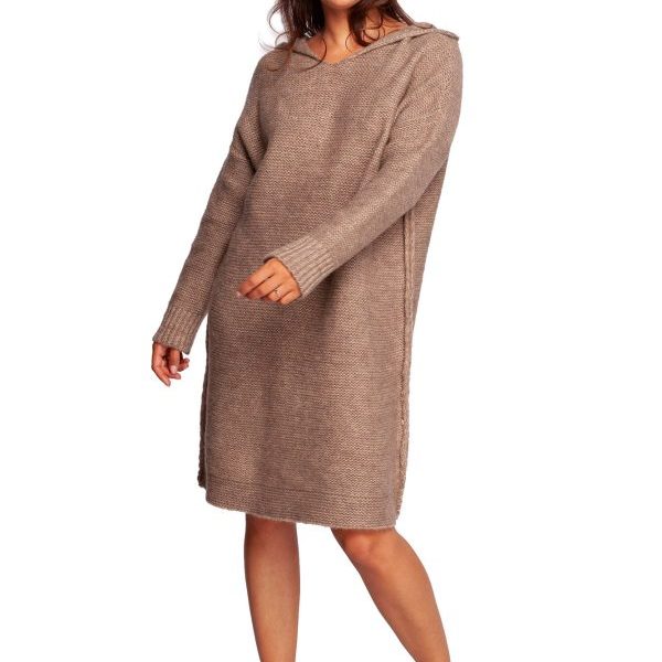 BK089 Sweter sukienka z kapturem - jasnobrązowy