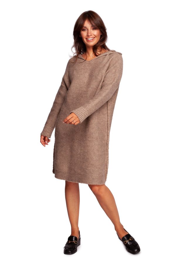 BK089 Sweter sukienka z kapturem - jasnobrązowy