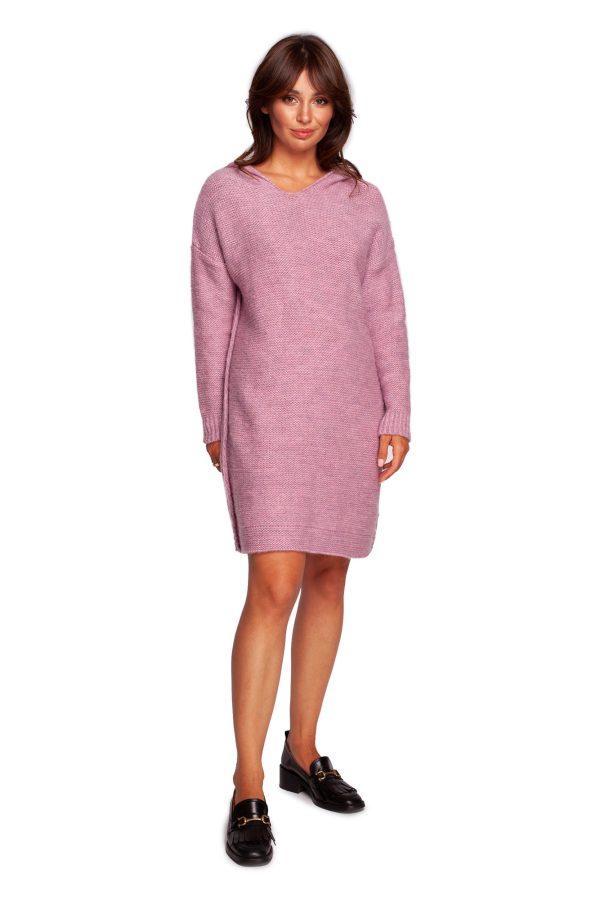 BK089 Sweter sukienka z kapturem - pudrowy