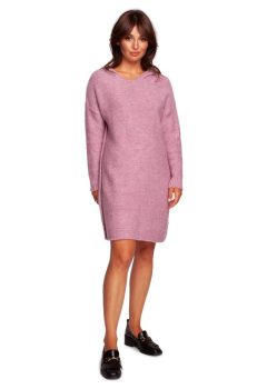 BK089 Sweter sukienka z kapturem - pudrowy