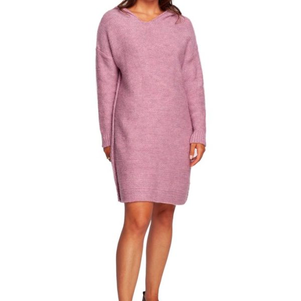 BK089 Sweter sukienka z kapturem - pudrowy
