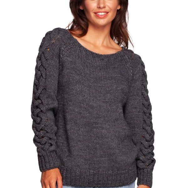 BK090 Sweter z szerokim dekoltem i warkoczem na rękawach - szary z wełną ❤