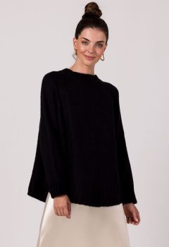 BK105 Sweter z nietoperzowymi rękawami - czarny z wełną ❤