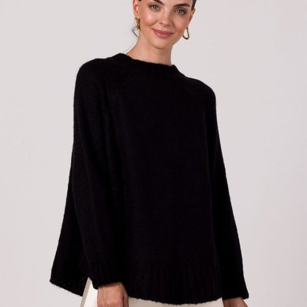 BK105 Sweter z nietoperzowymi rękawami - czarny z wełną ❤