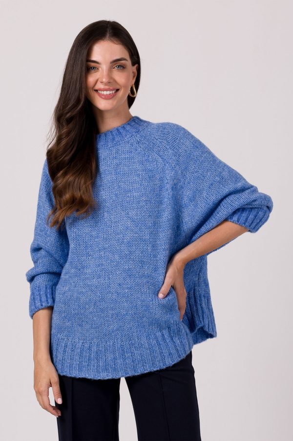 BK105 Sweter z nietoperzowymi rękawami - lazurowy z wełną ❤
