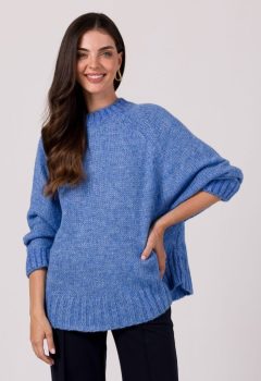 BK105 Sweter z nietoperzowymi rękawami - lazurowy z wełną ❤