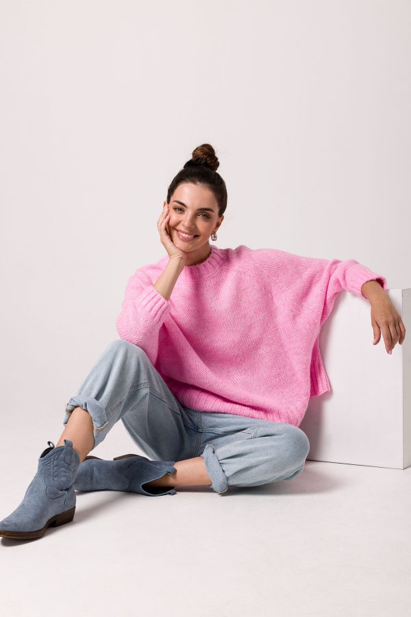 BK105 Sweter z nietoperzowymi rękawami - różowy z wełną ❤