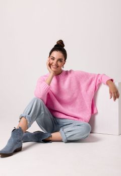 BK105 Sweter z nietoperzowymi rękawami - różowy z wełną ❤
