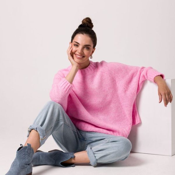 BK105 Sweter z nietoperzowymi rękawami - różowy z wełną ❤
