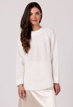BK105 Sweter z nietoperzowymi rękawami - biały z wełną ❤