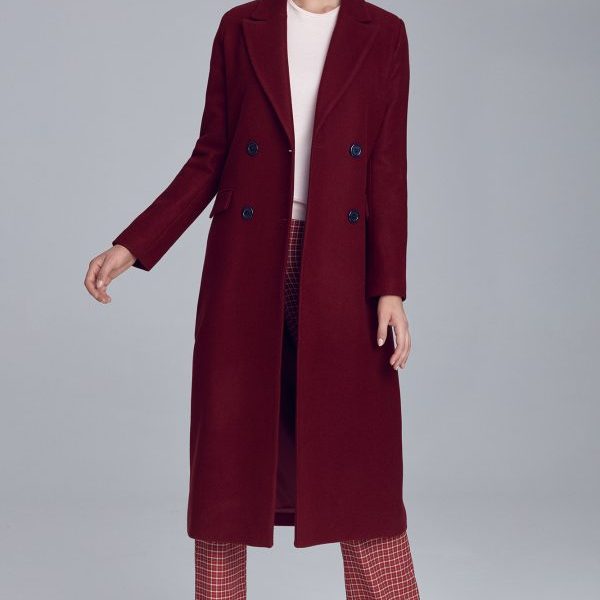 Elegancki bordowy płaszcz dwurzędowy - PL06