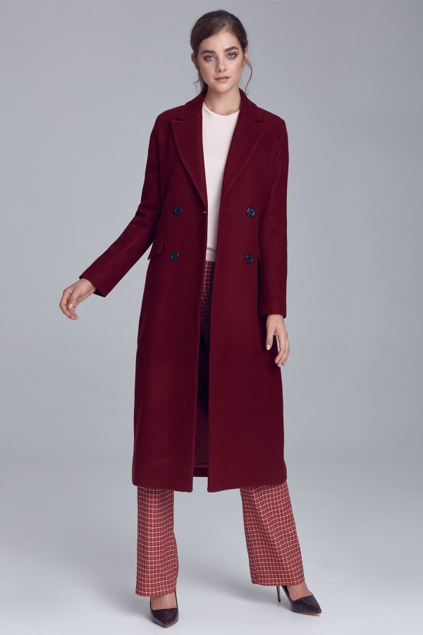 Elegancki bordowy płaszcz dwurzędowy - PL06