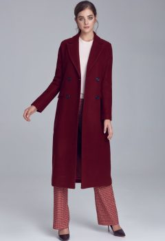 Elegancki bordowy płaszcz dwurzędowy - PL06