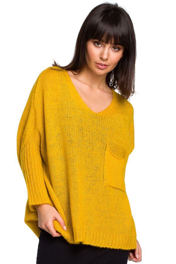 BK018 Luźny sweter z kieszenią - miodowy