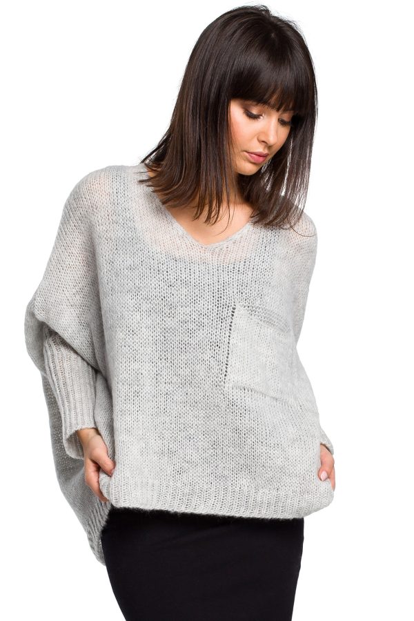 BK018 Luźny sweter z kieszenią - popielaty
