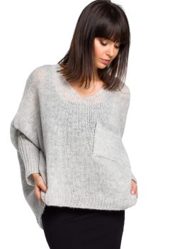 BK018 Luźny sweter z kieszenią - popielaty