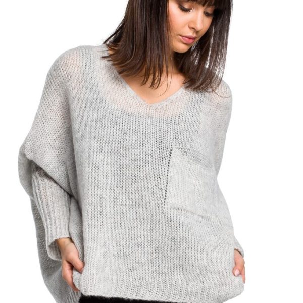 BK018 Luźny sweter z kieszenią - popielaty