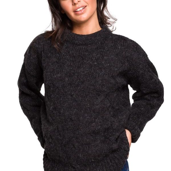 BK038 Sweter ze splotem typu warkocz - antracytowy