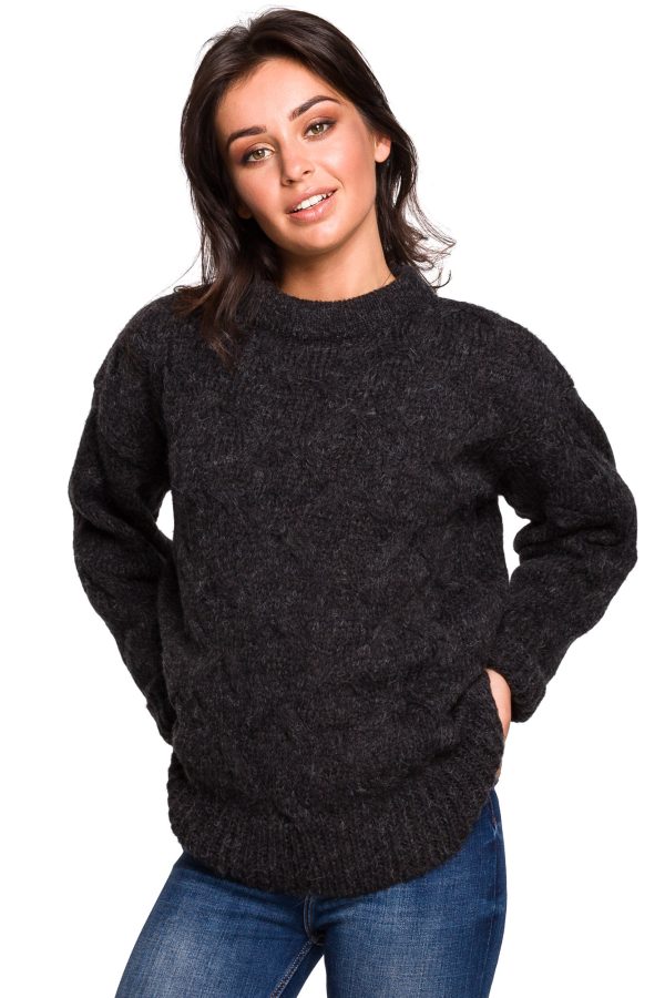 BK038 Sweter ze splotem typu warkocz - antracytowy