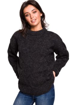 BK038 Sweter ze splotem typu warkocz - antracytowy
