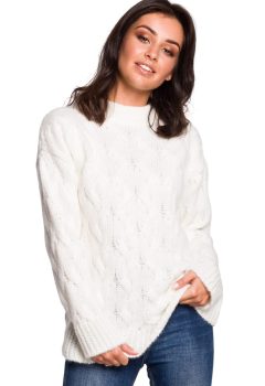 BK038 Sweter ze splotem typu warkocz - ecru