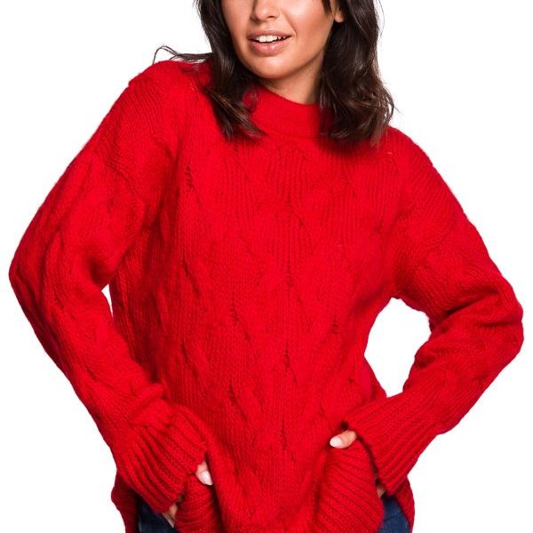 BK038 Sweter ze splotem typu warkocz - czerwony