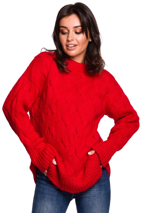 BK038 Sweter ze splotem typu warkocz - czerwony
