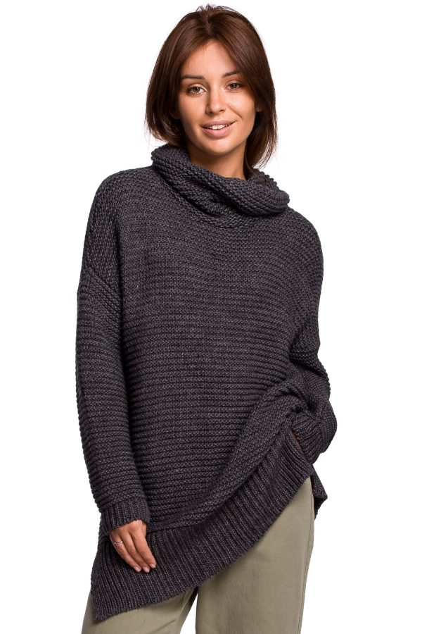 BK047 Sweter oversize z golfem - antracytowy