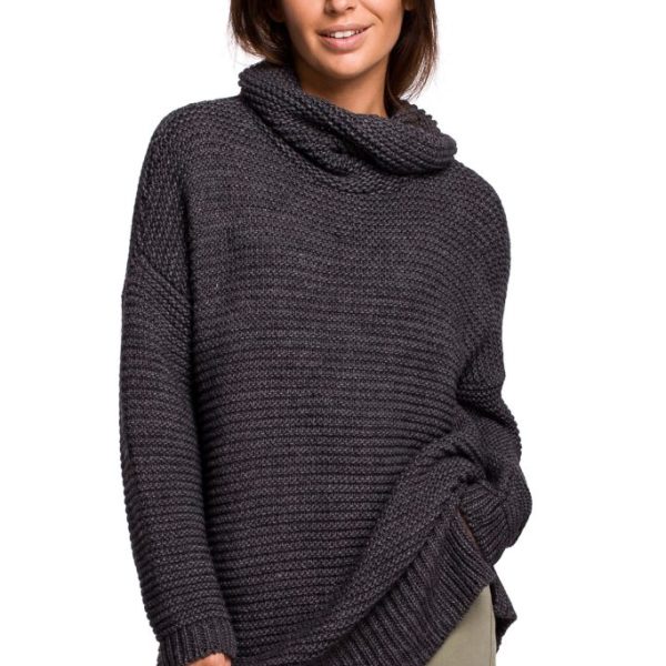 BK047 Sweter oversize z golfem - antracytowy