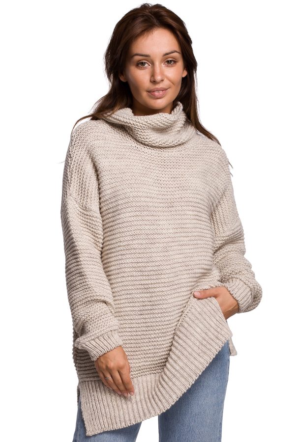 BK047 Sweter oversize z golfem - beżowy