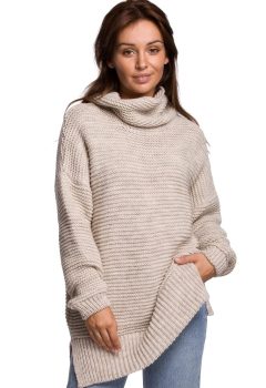 BK047 Sweter oversize z golfem - beżowy