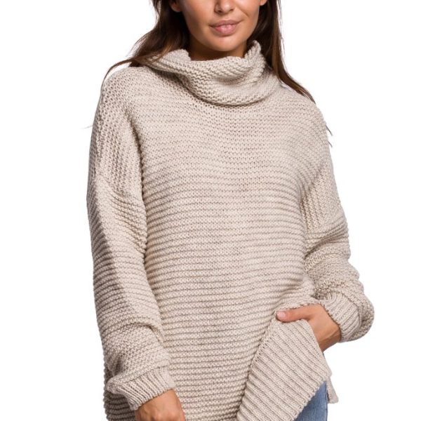 BK047 Sweter oversize z golfem - beżowy