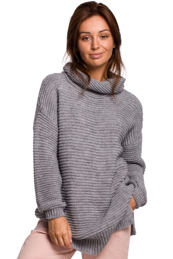 BK047 Sweter oversize z golfem - szary