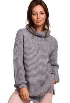 BK047 Sweter oversize z golfem - szary