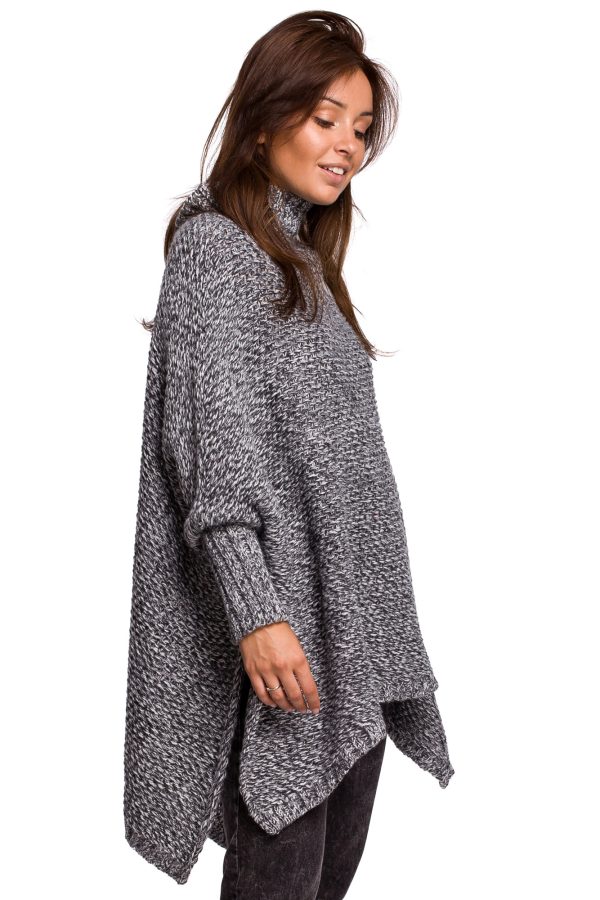 BK049 Sweter ponczo z rękawami i golfem - antracytowy
