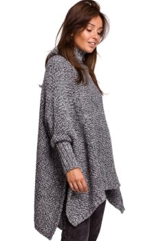 BK049 Sweter ponczo z rękawami i golfem - antracytowy