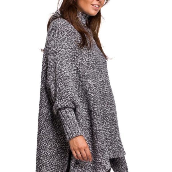 BK049 Sweter ponczo z rękawami i golfem - antracytowy
