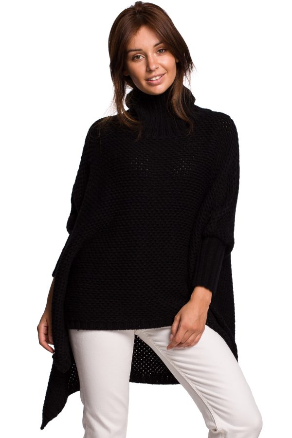 BK049 Sweter ponczo z rękawami i golfem - czarny