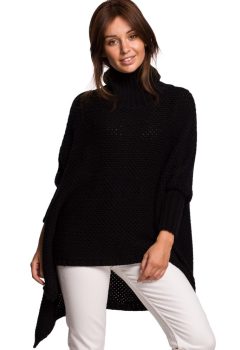 BK049 Sweter ponczo z rękawami i golfem - czarny