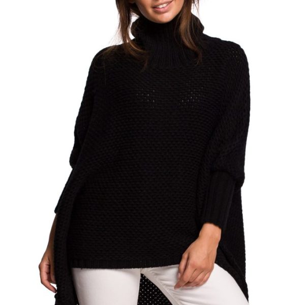 BK049 Sweter ponczo z rękawami i golfem - czarny
