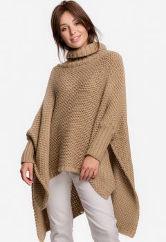 BK049 Sweter ponczo z rękawami i golfem - kamelowy